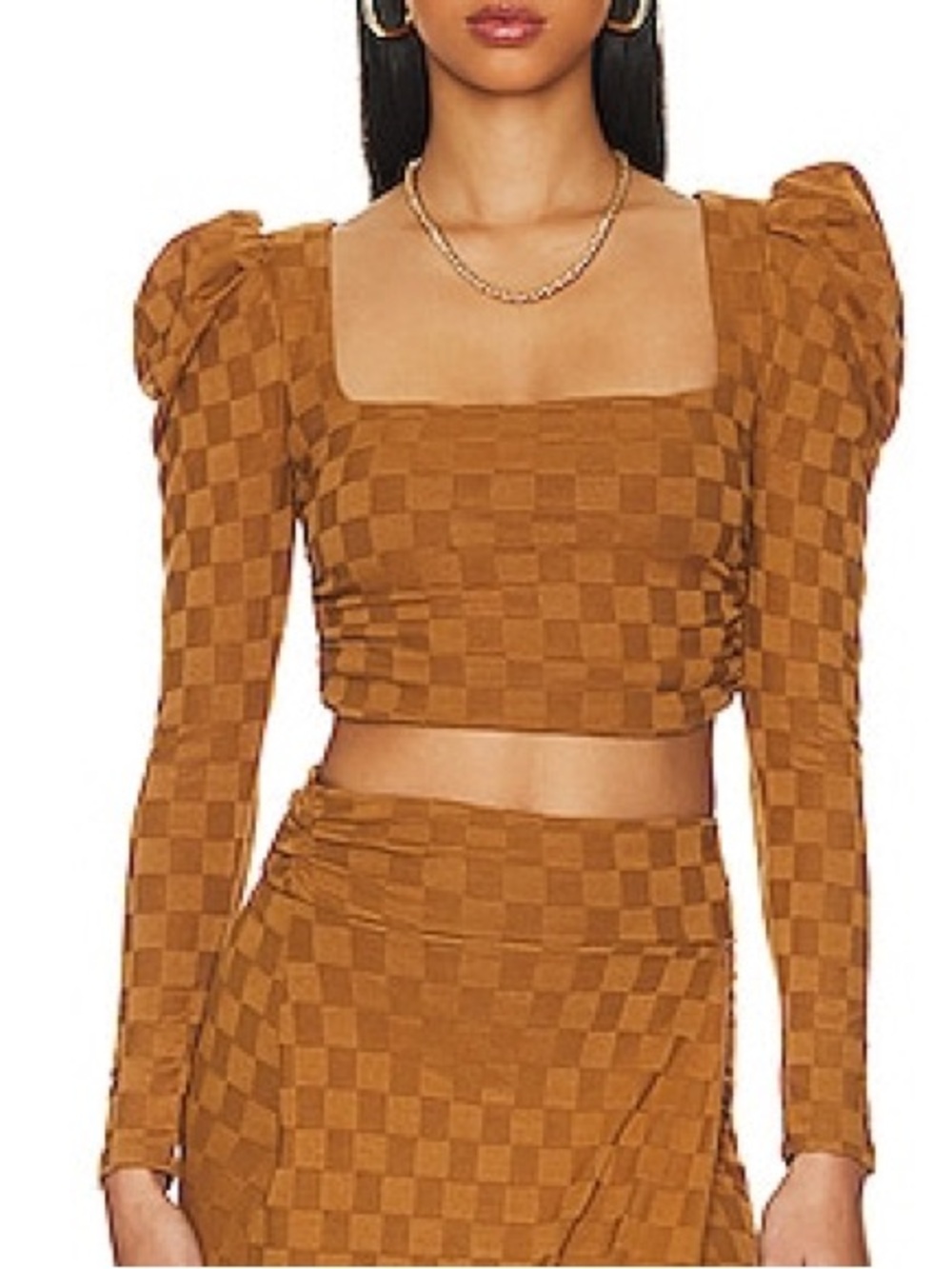 House of Harlow 1960 Brown Checkered Square-Neck Crop Top
